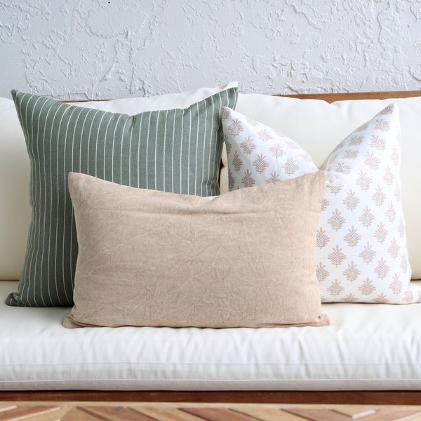 Throw Pillow Cover Set, Block Print Beige Pillow Covers, Small Lumbar, Olive Green, Sofa Pillow Set, Decor, Living Room, Bedroom