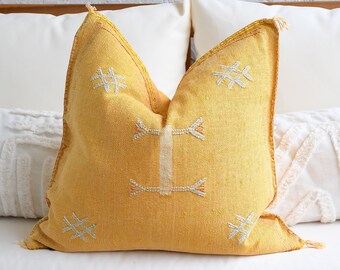 Handmade Cactus Silk Yellow Pillow Cover | 20 x 20 Yellow Throw Pillow Soft Boho Pillow Cover | Decorative Pillow | Unique Boho Pillow Case