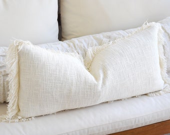 Long Ivory White Fringe Lumbar Throw | Neutral Pillow | Soft Throw Boho Pillow Covers | 16 x 16 Decorative Pillow Cover Sofa Decor Pillows