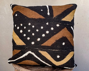 Taie d'oreiller en tissu de boue africaine faite main marron et noir | Tissu anti-boue multicolore | Oreiller décoratif unique | Taie d'oreiller en toile de boue 20 x 20