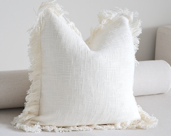 Ivory White 16 x 16 Fringe Throw Pillow | Neutral Tone Pillow | Soft Throw Boho Pillow Covers | Decorative Pillow Cover | Sofa Pillows