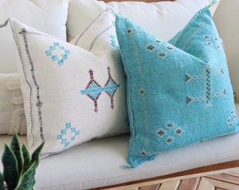 Authentic Cactus Silk Light Blue and White Pillow Cover Set, Turquoise Cream Decor Pillows Covers, Unique Aqua Moroccan Boho Pillow Accent