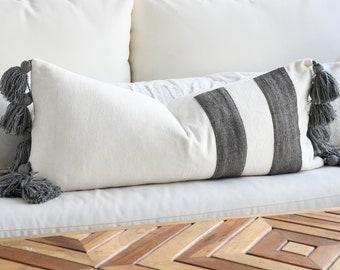 Boho Long Lumbar Pillow Cover-Handmade-Handwoven | Gray accent PomPom Lumbar Pillow | India Bohemian Pillow Lumbar Cover | Pom Pom