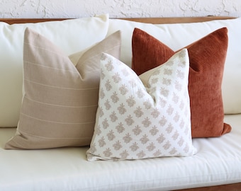 Fall Pillow Covers, Block Print Throw Pillows, Orange Velvet, White, Beige, Paprika Accents, Sofa Pillows, Decorative, Living Room, Bedroom