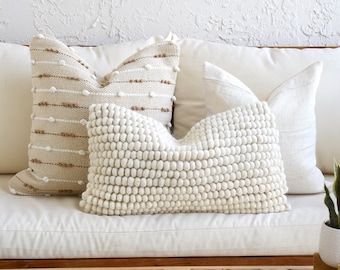 Ensemble d'oreillers bohème neutre | Ensemble de coussins beiges pour canapé | Tissu de boue blanc | Ensemble de taies d'oreiller texturées décoratives | Coussin lombaire