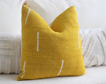 Yellow Throw Pillow Cover, All Sizes Mustard Handmade Mud Cloth, Bright Decorative Pillow Case, Long Lumbar Mudcloth