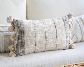 Small Lumbar Pillow Off-White and Gray Cute Lumbar Pillow Cover-Handmade-Handwoven | Decorative Pillow Bohemian Lumbar  | Bohemian Pillow