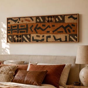 Large Rectangle Authentic Kuba Fabric Cloth Wall Art, Geometric Textile Decor, Teak Wood Frame