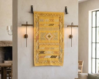 Handwoven Moroccan Cactus Silk Wall Hanging, Marrakesh Craft, Geometric Pattern (Dowel-Hung)