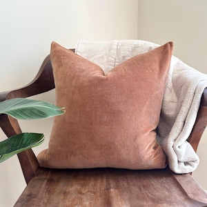 May include: A terracotta-colored velvet pillow rests on a wooden chair, with a neutral-toned blanket draped behind it. The pillow has a soft, inviting texture and a square shape. The chair has a dark wood finish.