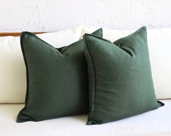 Soft Linen Dark Green Throw Pillow, Forest Green Decorative Accent Pillows, 20 x 20 inch, 18 x 18 inch