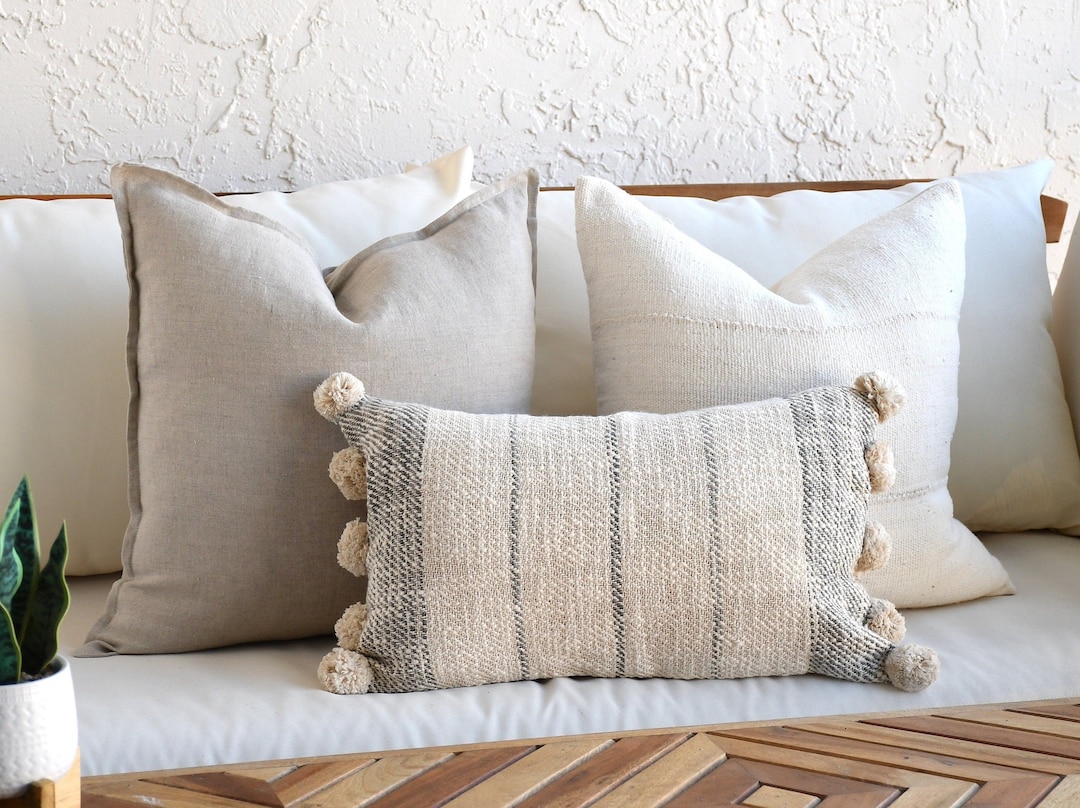 Neutral Boho Pillow Set Beige Sofa Pillow Set White Mud Cloth Decor