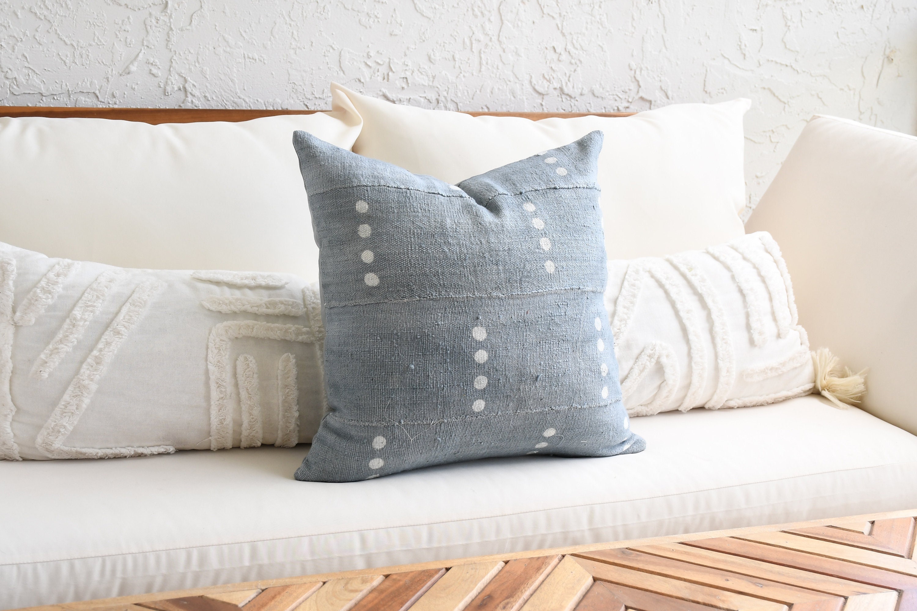 Taie D'oreiller En Tissu De Boue Fait Main Bleu Gris À Pois | Housse Coussin 20x20 Coussin Décoratif