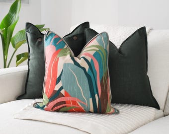 Tropical 3 Pillow Cover Set, Cotton Floral Pillow & Two Green Linen Button Cushions, Coastal Boho Accent Decor