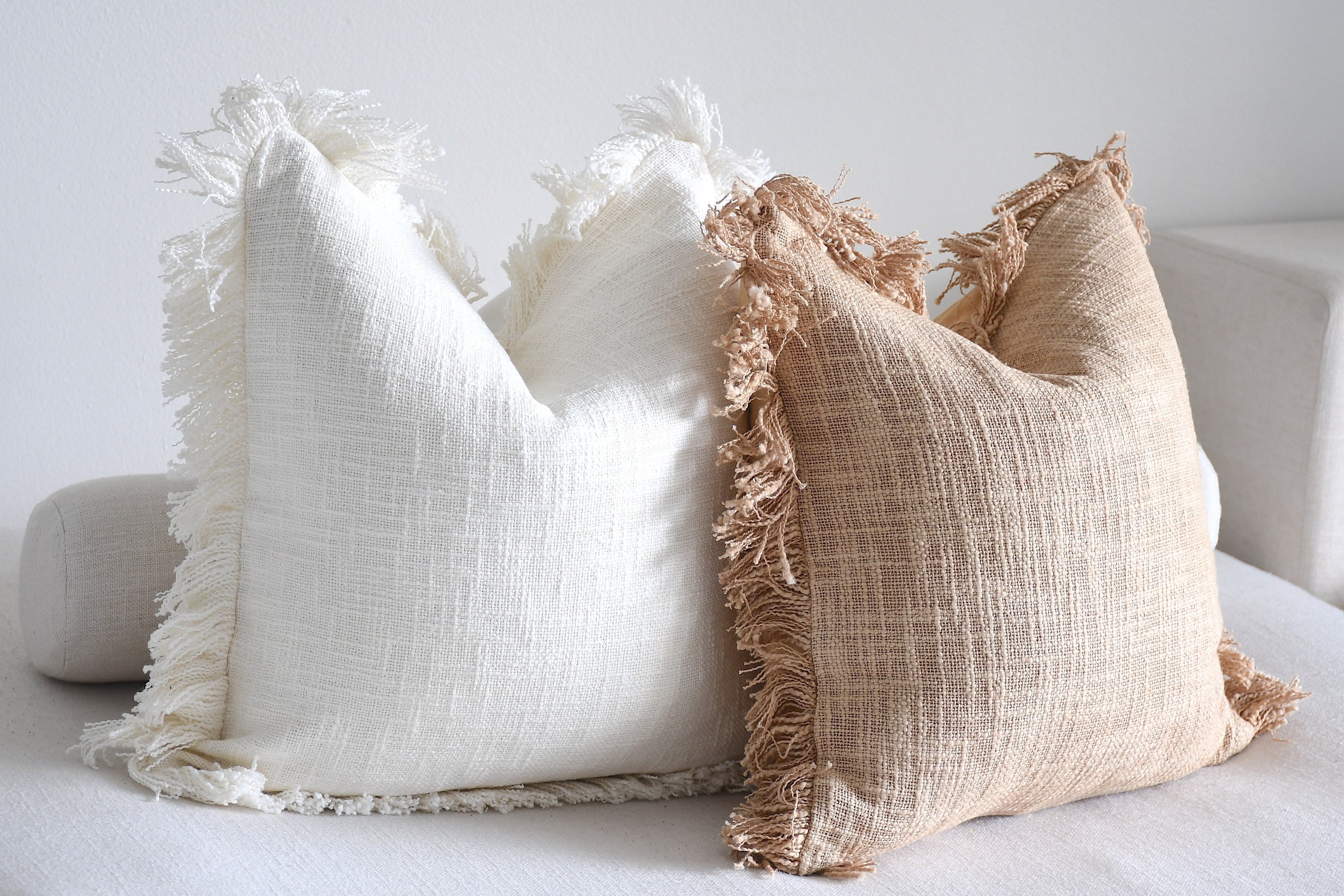 Handgewebtes Kissen-Set mit Fransen | Boho-Kissenbezug aus Baumwolle