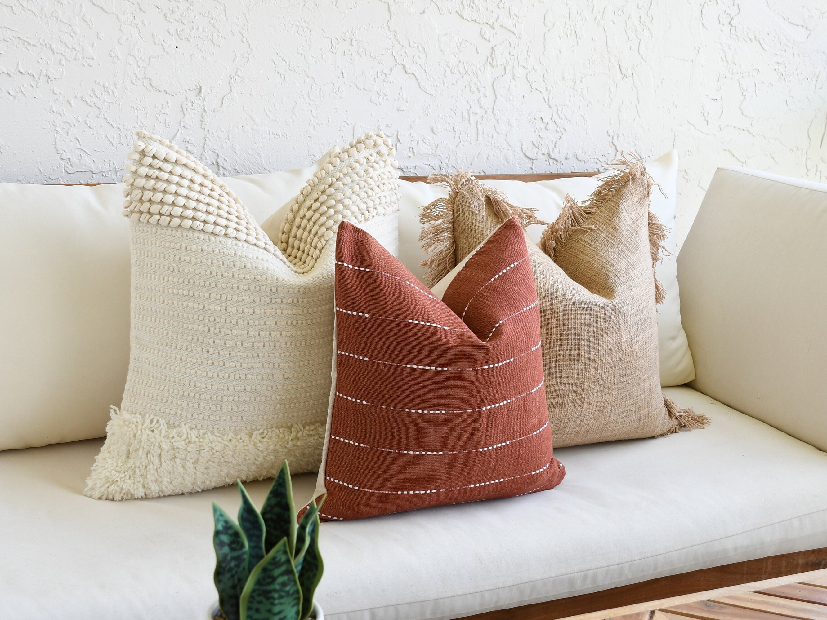 Neutral Boho Pillow Set Beige Sofa Pillow Set White Mud Cloth