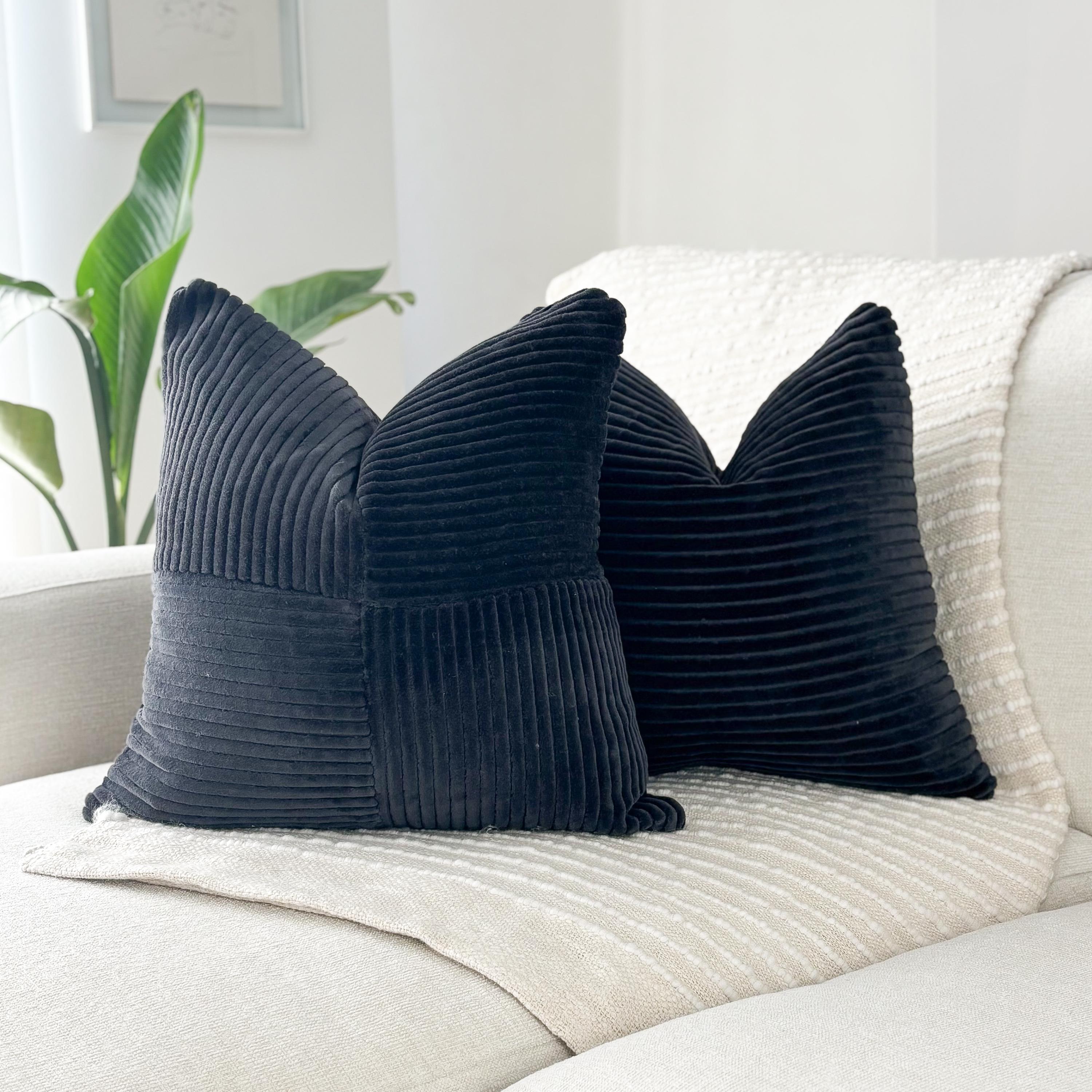 Black Velvet Corduroy Pillow Cover 18x18 – Geometric Square Design