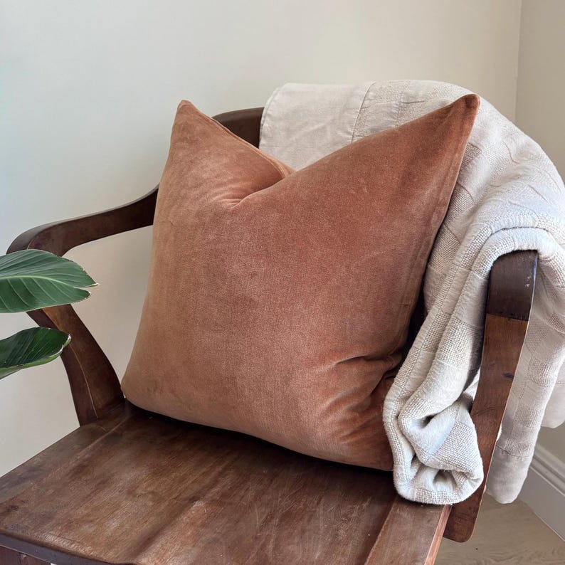 May include: A terracotta-colored velvet pillow rests on a dark wooden chair, with a cream-colored blanket draped over the back. The pillow has a soft, textured appearance, and the chair has a classic design.