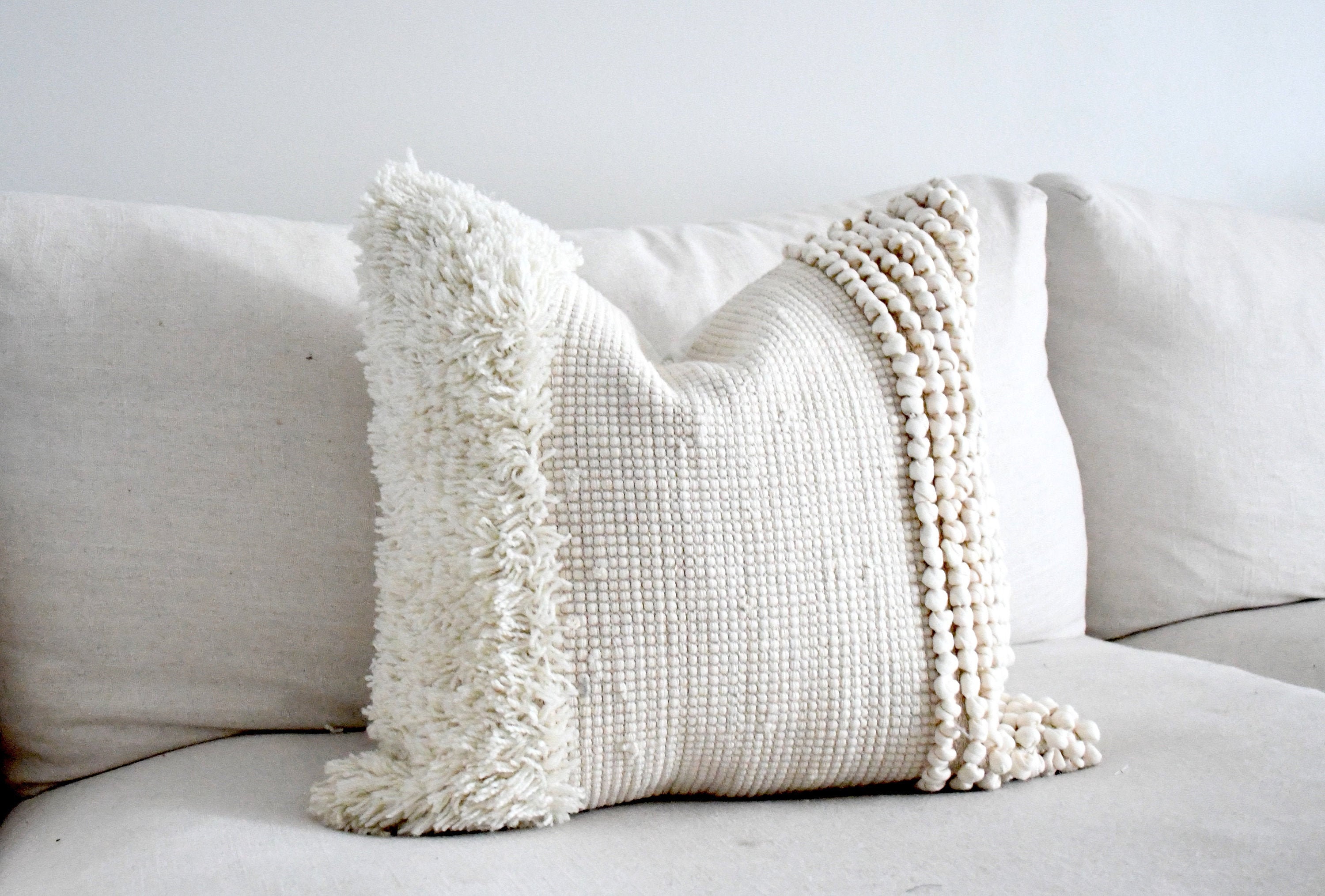 Tufted Throw Pillow, Decorative Cotton Cream textured-Handmade-Handwoven, Tuft Pillow cushion cover, Boho Cover, Beige pillow case