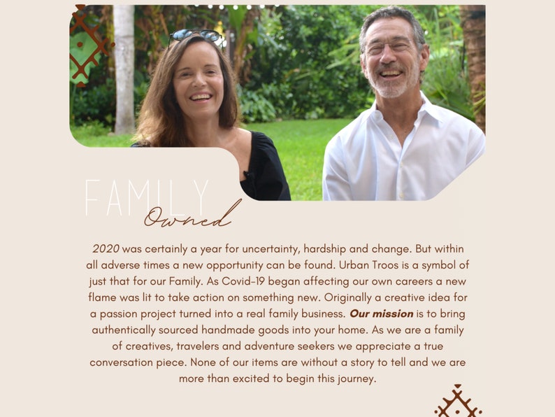 May include: A photograph of a man and a woman smiling outdoors, with text overlay reading "FAMILY Owned". The text describes the business's origins and mission to offer handmade goods.