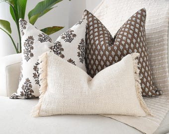 Brown Block Print 3 Pillow Cover Set, Floral Linen,  Leaf Linen & Ivory Fringe Lumbar, Neutral Farmhouse Cottage Botanical Decor
