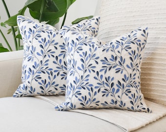 Handmade Blue Floral Embroidered Cotton Pillow Cover, 18x18 or 20x20 (Insert Not Included)