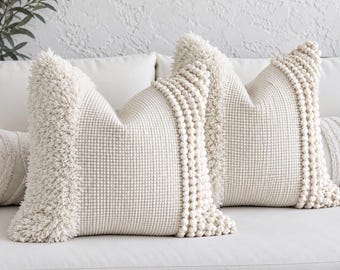 Handmade Tufted Cotton Pillow Cover, Boho Textured Cream Cushion Case (Insert Not Included)