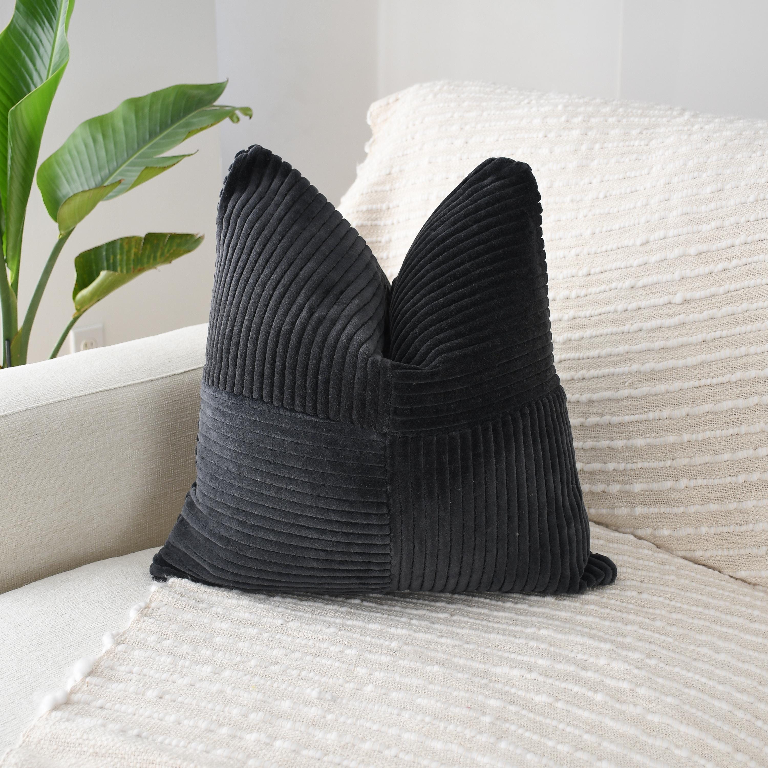 Black Velvet Corduroy Pillow Cover 18x18 – Geometric Square Design, Double Sided Soft Accent Cushion for Modern Farmhouse Decor