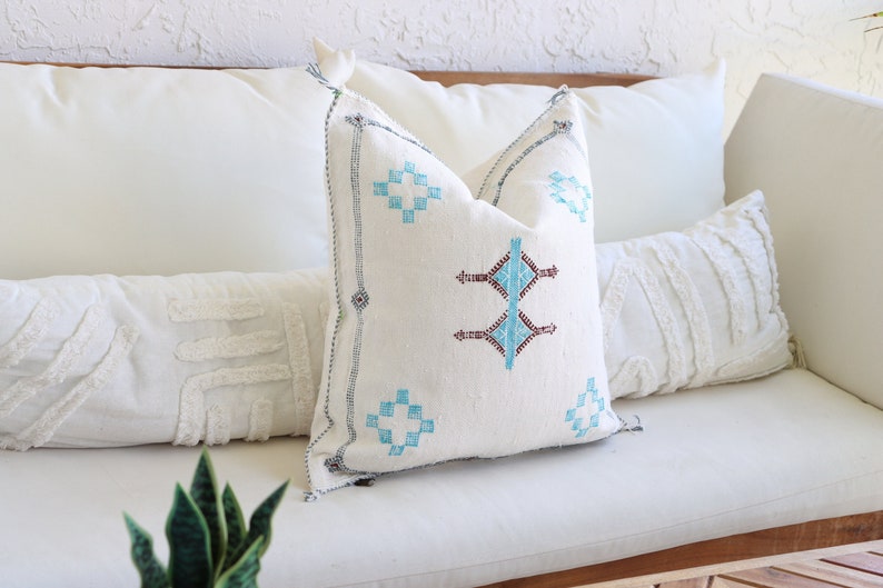 White Moroccan Cactus Silk Pillow Cover, Authentic Handmade Decorative Boho Pillows, Throw Pillow Decor, Decorative Pillow Case 20 x 20 inches