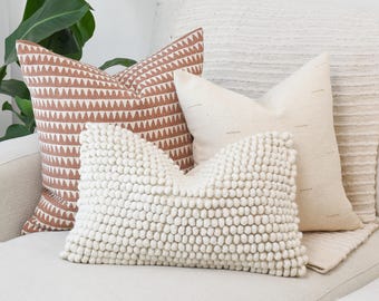 3-Piece Neutral Pillow Covers: Brown Block Print, Cream Textured, Ivory Wool Lumbar