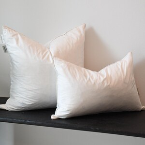 May include: Two white throw pillows with a soft, plush appearance. The larger pillow is square-shaped, while the smaller one is rectangular. Both pillows feature a clean, solid white fabric cover with visible piping along the edges and small tags.