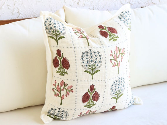 Large Floral Throw Pillows Decorative Block Print Textured 20 X 20 Pillow Bedroom Cottagecore Spring Decor Soft Accent Etsy
