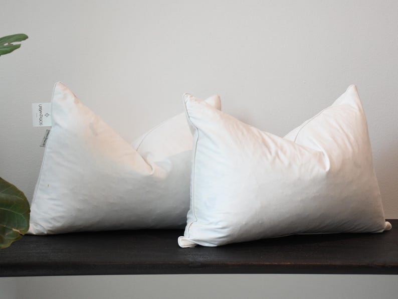 May include: Two white, fluffy pillows with a square shape are displayed on a dark wooden shelf. The pillows are plump and appear soft, with a tag visible on one. The background is a plain, light-colored wall.