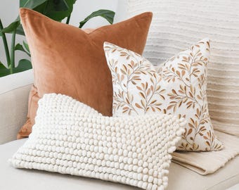 3-Piece Neutral Pillow Set, Mocha Velvet, Floral Embroidered, Wool Bubble Lumbar (Insert Not Included)