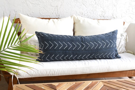 Large Blue Bohemian Lumbar Pillow Cover Dark Blue Mudcloth Pillow