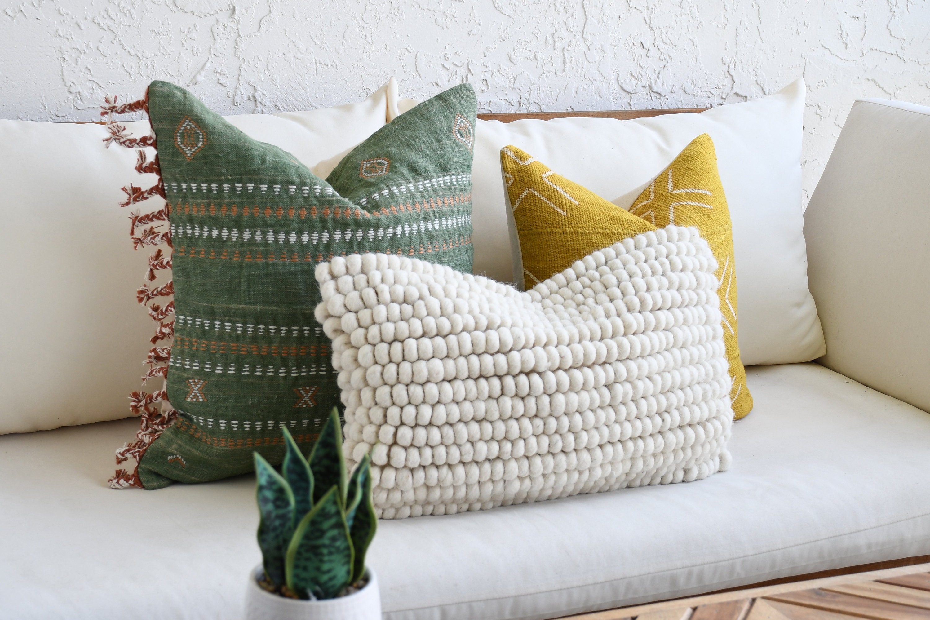 Throw Pillow Set Textured Green Mustard Yellow Off White Accent Cover Ivory Lumbar Unique Decorative Sofa Pillow Covers