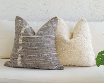 Neutral Textured 2 Pillow Cover Set, Cream Terry Shag 20x20 & Gray Wool 20x20 Cushion, Cozy Modern Farmhouse Sofa Decor, Warm Accents