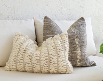 Wool Pillow Set, 12x20 Braided Wool Lumbar & 20x20 Gray Wool Cushion, Textured Neutral Sofa Decor, Cozy Modern Farmhouse Accent Bundle