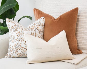 3-Piece Neutral Pillow Cover Set, Mocha Velvet, Floral Embroidered, Textured Cotton (Insert Not Included)