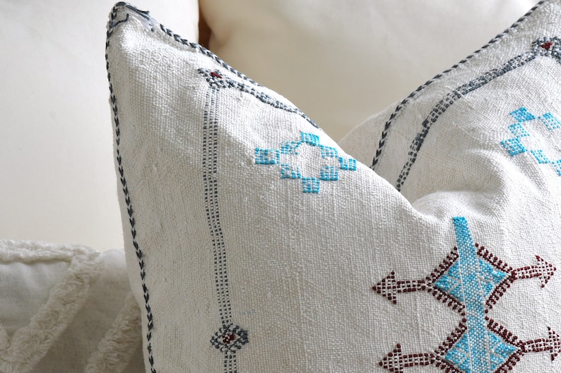 White Moroccan Cactus Silk Pillow Cover, Authentic Handmade Decorative Boho Pillows, Throw Pillow Decor, Decorative Pillow Case image 4