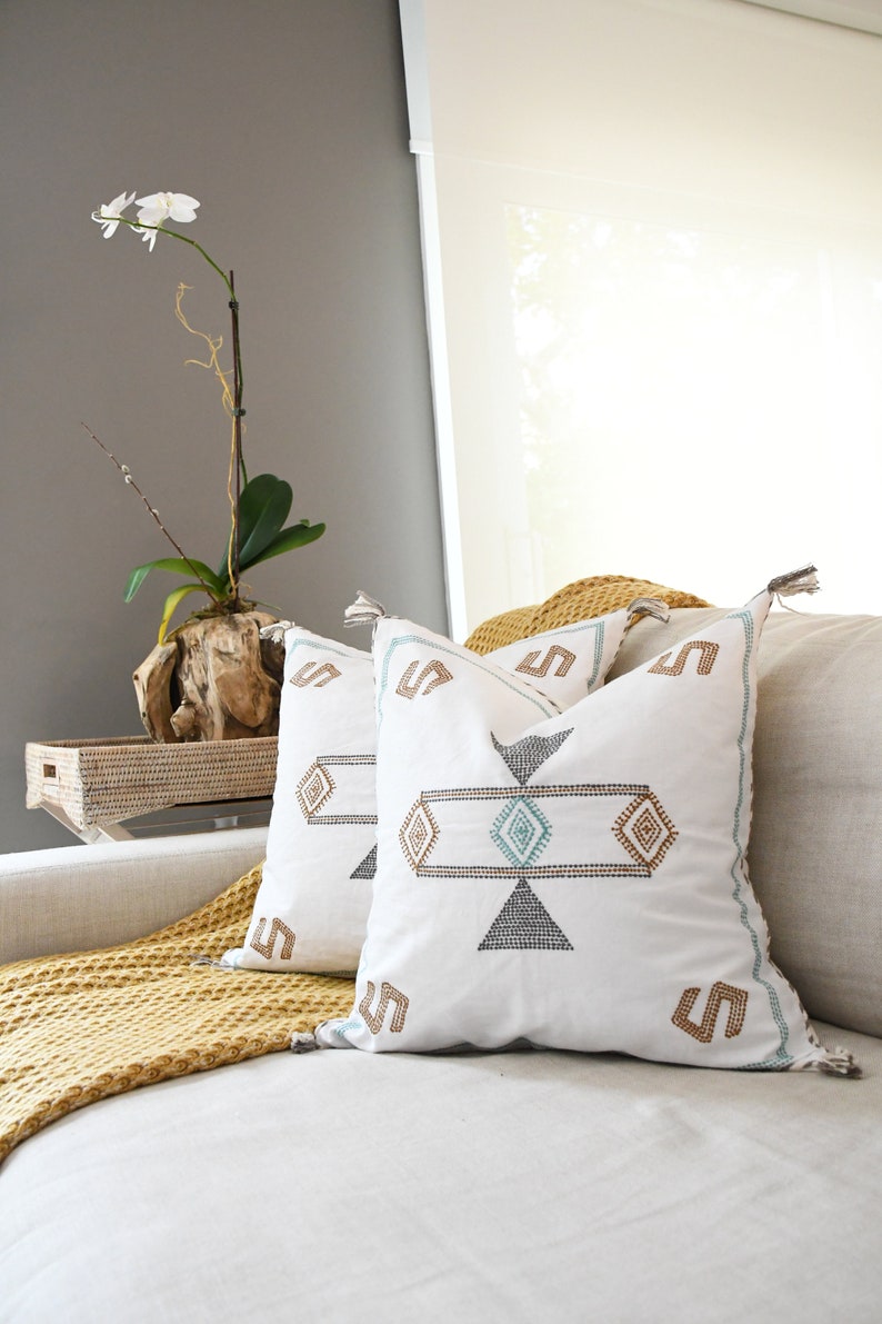 India Chic White Cactus Silk Inspired Pillow Cover-Handmade-Handwoven India Bohemian Pillow Cover White Throw Tribal Throw Pillow image 5