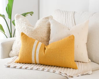 Neutral & Mustard  3 Pillow Cover Set, 12x22 Yellow Stripe Linen Lumbar, 20x20 Cream Terry Shag