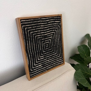 African Mudcloth Wall Art, Textile Decorative Fabric Frame, Textured Geometric Mud cloth, Black Print