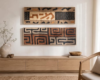 Large Rectangle Authentic Kuba Fabric Cloth Wall Art, Geometric Textile Decor, Teak Wood Frame