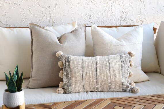 Boho Pillow Cover - Beige & White / Couch Throw Pillow