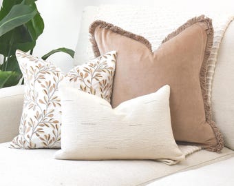 3-Piece Neutral Pillow Cover Set, Velvet Fringe, Floral Embroidery, Textured Lumbar (Insert Not Included)