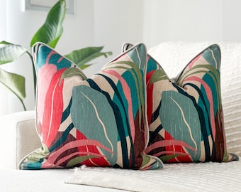 Tropical Floral Pillow Cover, Cotton Front & Grey Velvet Back, Colorful Botanical Throw, 18x18 Modern Boho Cushion