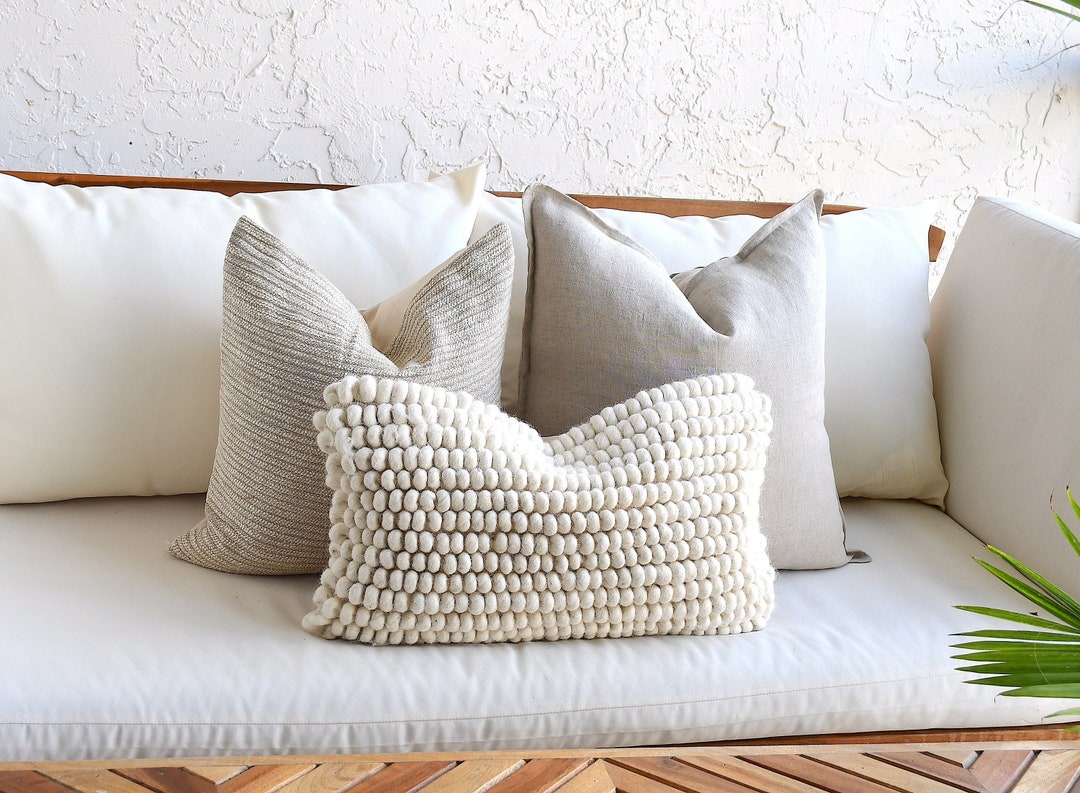 3 Neutral Boho Pillow Set Beige Sofa Pillow Set White Mud Cloth Decor