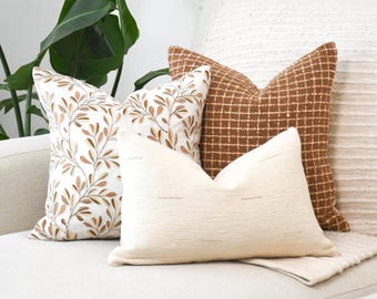 3-Piece Neutral Pillow Cover Set, Woven Checkered, Floral Embroidered, Textured Lumbar (Insert Not Included)
