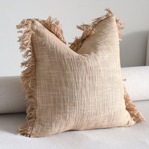 Fringe Brown Lumbar 16 x 16 Neutral Pillow Covers | Brown Plain Pillow Cover Soft Throw Boho Pillow Covers | Throw Pillow Cover Beige Lumbar